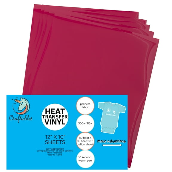 Craftables Fuschia Heat Transfer Vinyl HTV - 5 Sheets Easy to Weed Tshirt Iron on Vinyl for Silhouette Cameo, Cricut, all Craft Cutters. Ships Flat