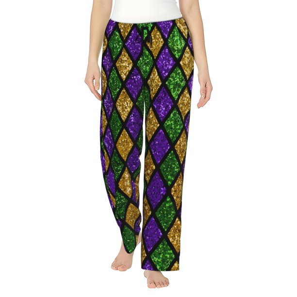 Fotbe Mardi Gras Shiny Green Purple Pantalones de Pijama para Mujer, Pantalones de Dormir, Pantalones Pj con Cordón y Bolsillos-Medium