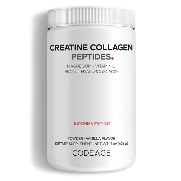 Codeage Creatine Collagen Peptides - Creatine Monohydrate Powder Supplement, Wild-Caught Marine Collagen, Biotin, Magnesium, Vitamin C, Hyaluronic Acid - Vanilla Flavored - Non-GMO - 15 Oz
