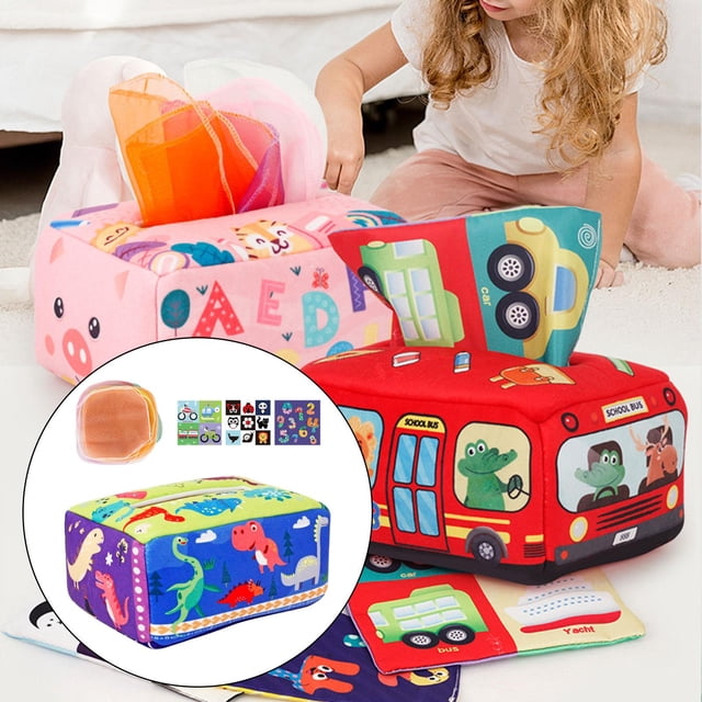 Caja de pañuelos para bebés, Caja de pañuelos para bebés sensoriales, Aprendizaje preescolar Tejidos sedosos Tejidos de tracción ocupados Juguete sens Dinosaurio