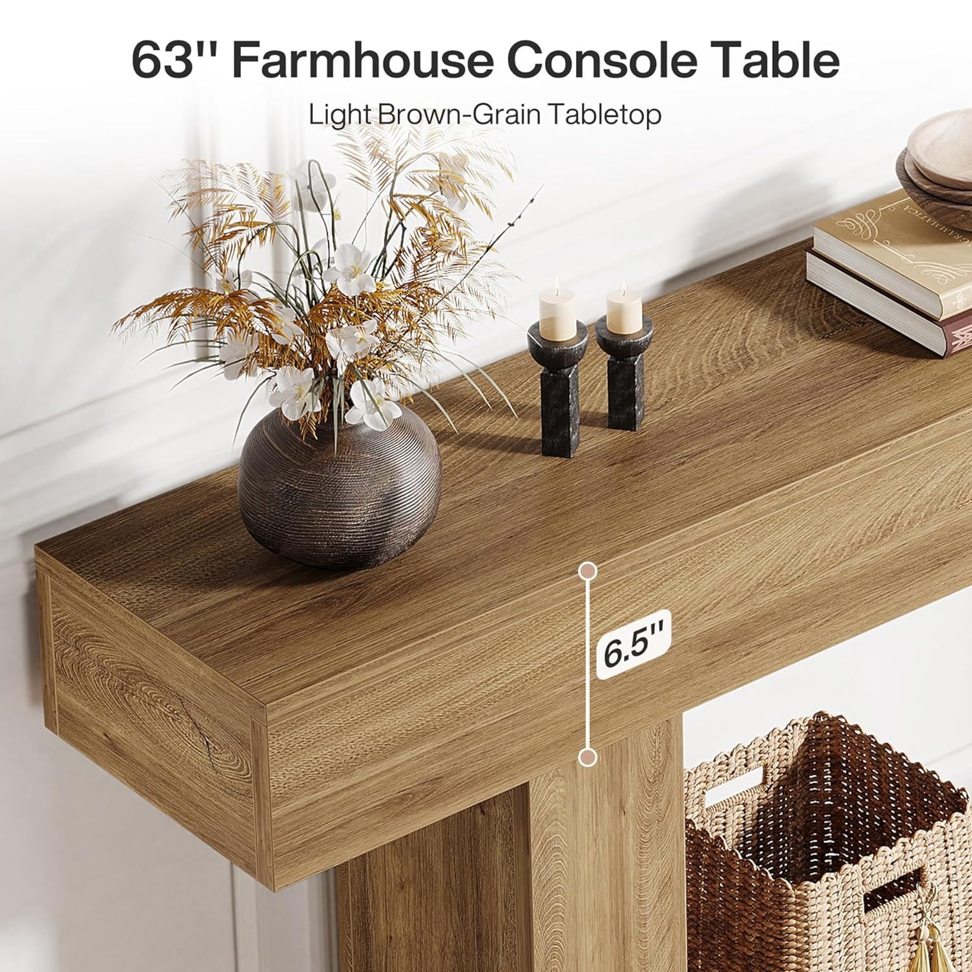63" Farmhouse 2-Tier Console Table, U-Shaped Base Entryway Table, Narrow Wood Sofa Table Behind Couch for Living Room & Hallway (Light Brown)