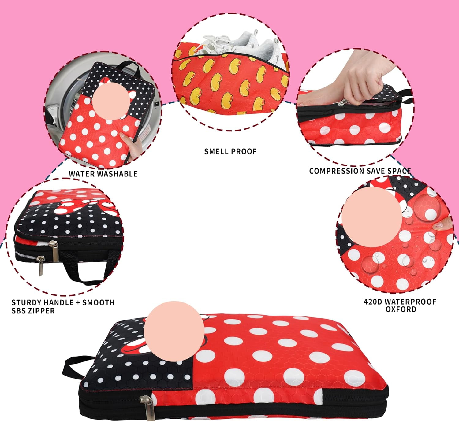 Compression Packing Cubes for Suitcases, 6 Set Travel Luggage Organizer Bags Lightweight Waterproof Smell Proof Red Dots Packing Cubes as Travel Accessories for Women