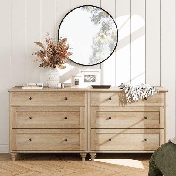 WAMPAT 6 Drawer Bedroom Dresser, Kids Dresser, Wide Chest of Drawers, Mid Century Modern Wooden Closet Organizer, Large Wood Dresser for Living Room, Nursery, Natural Oak, 2 Pack