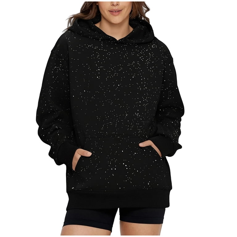QTBIUQ Men Solid Color Long Sleeved Hooded Sequin Pullover Hoodie