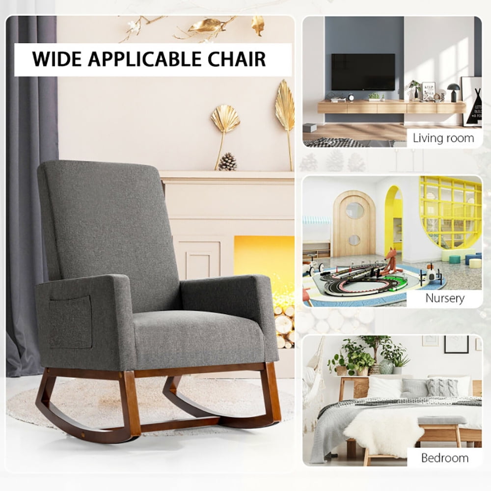 Finihen Rocking Lounge Armchair, Rocking High Back Upholstered Lounge Armchair with Side Pocket, for Living Room, Bedroom, Beige Finihen Rocking Lounge Armchair, Rocking High Back Upholstered Lounge Armchair with Side Pocket, for Living Room, Bedroom, Beige