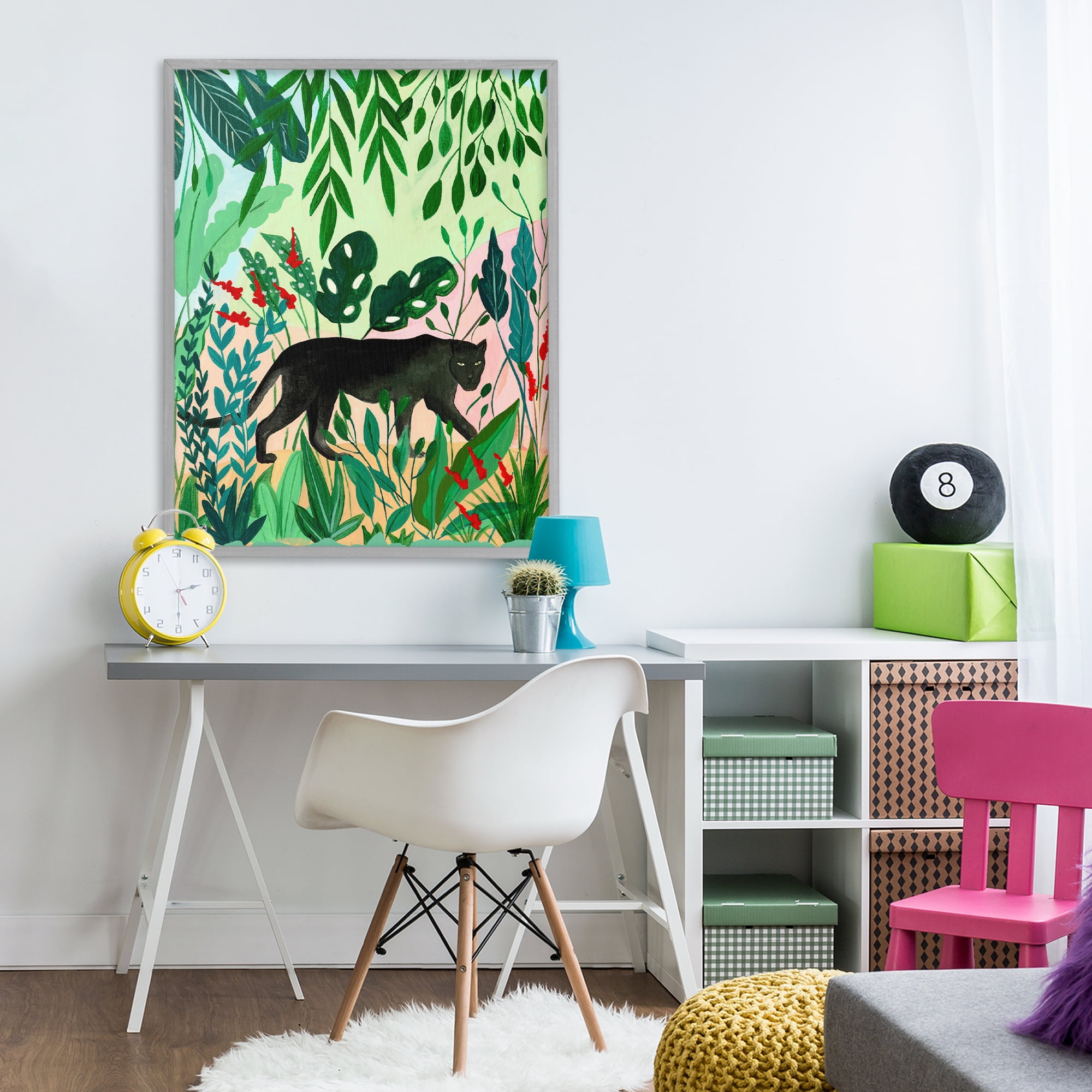 Stoic Panther Tropical Forest Gray Framed Giclee Art, design by Nabeela Rumi