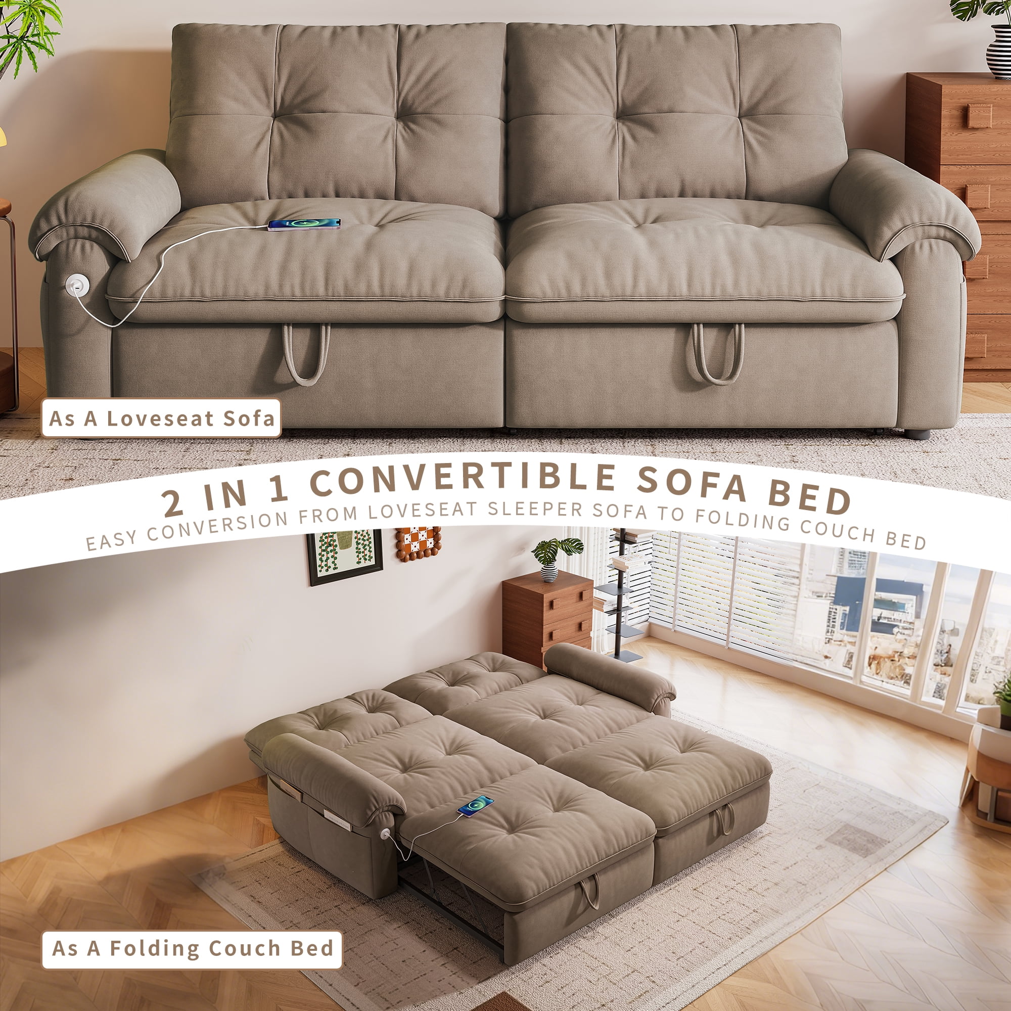 LLappuil 77" Pull Out Sofa Bed Queen Size, Loveseat Sofa Convertible Sleeper Sofa Bed, Flannelette Fabric Sofa Couch for Living Room Brown