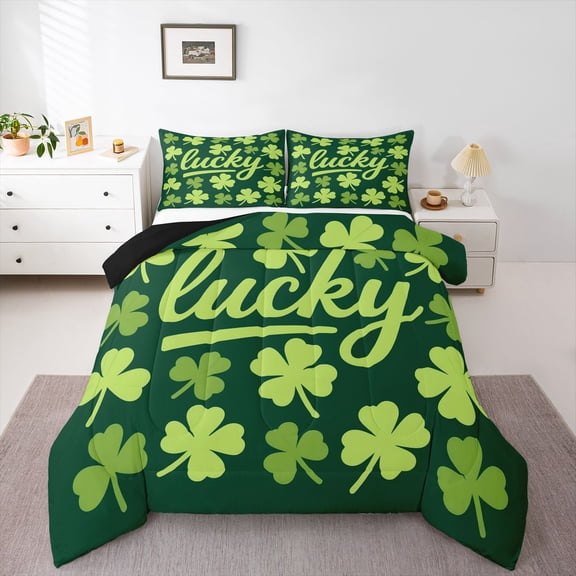 Feelyou Green Lucky Shamrock Full Size Comforter Sets, Spring Plant Bedding Sets, 3pcs