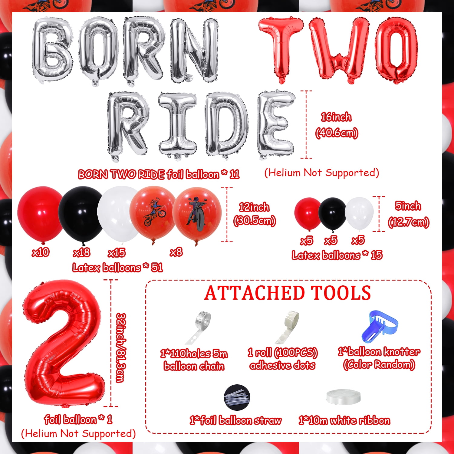 Motorcycle 2nd Birthday Party Decorations for Boy, Motorcycle Born Two Ride Balloon Banner with Black Red Balloon Garland Arch Kit for Racing Theme 2 Years Old Kid Birthday Supplies