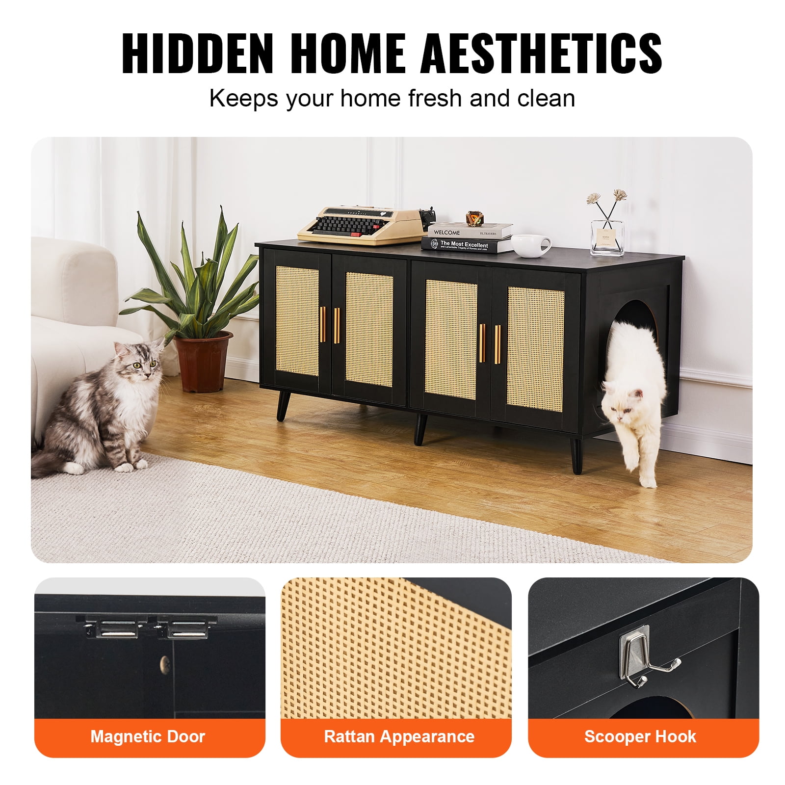 KFFKFF Cat Litter Box Enclosure for Two Cats, Hidden Litter Box Cabinet with Rattan-Style Doors, Wooden Design Compatible with Most Litter Boxes, 47.2"L x 19.7"W x 21.7"H, Black