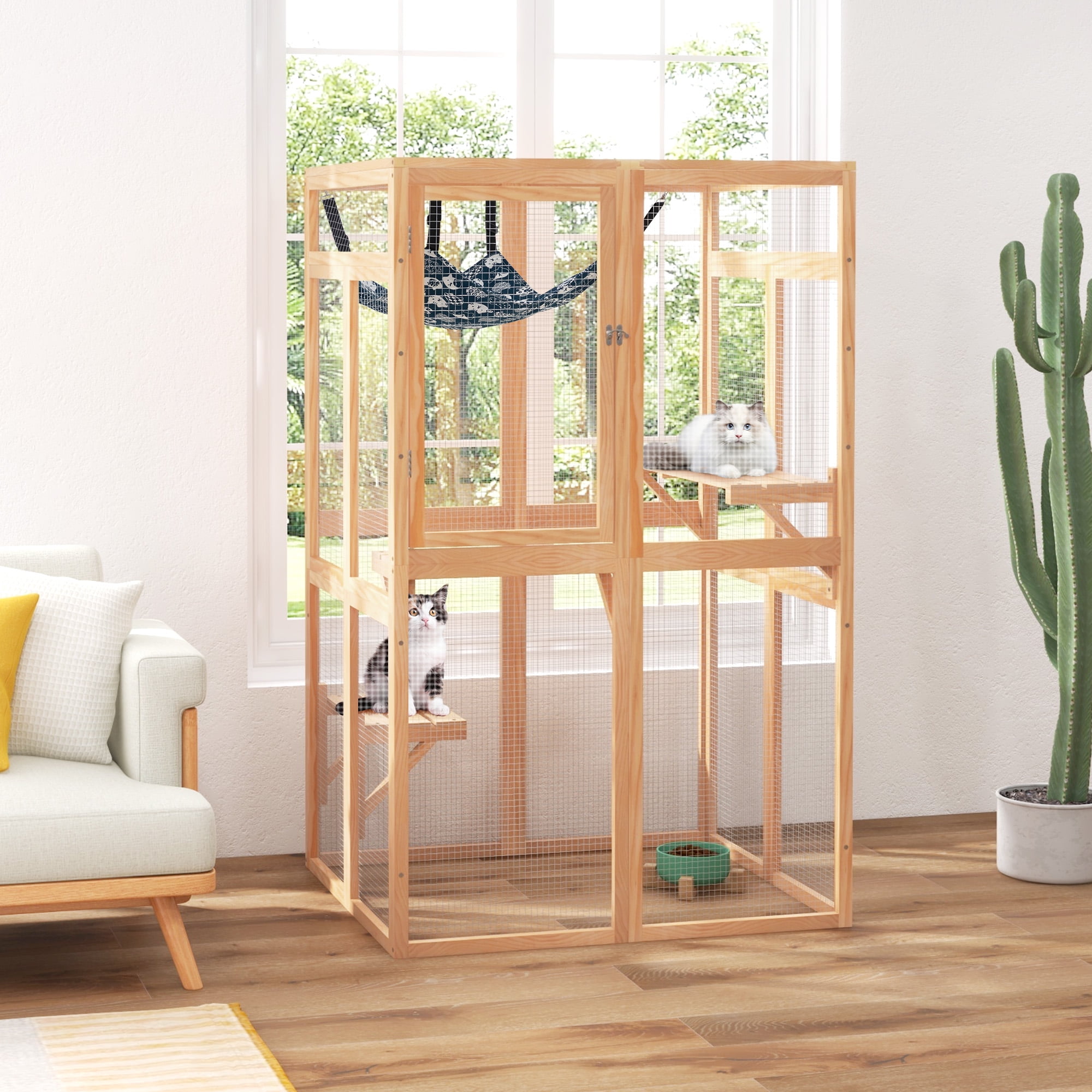 COZIWOW Catio Outdoor Cat Enclosure Window Access, Wooden Cat House Cage Indoor