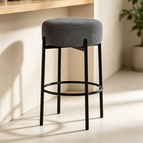 Bar Stools for Kitchen Island Home Bar, Set of 2 Round Backless 24" Counter Height Sherpa Upholstered Metal Legs Footrest Non-Slip Feet