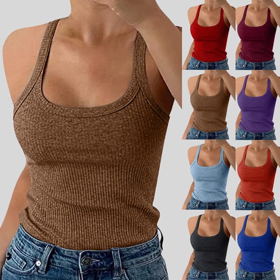 TrendOFT Ribbed Tank Tops for Women Spaghetti Strap Square Neck Slim Fitted Camisole Basic Sleeveless Layering Shirts Brick Red L
