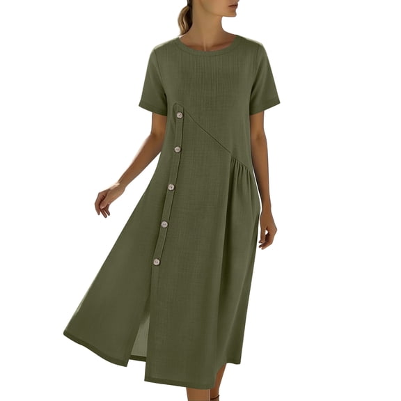 ROHUUQUE Summer Dress For Women Short Sleeve Button Down Cotton Round Neck Pocket Side Split Loose Maxi Dress Casual Olive Green