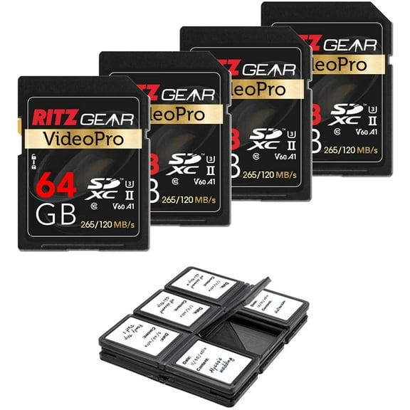 Ritz Gear Extreme Performance Video Pro 64GB 4K 8K Ultra HD SDXC U3 V60 A1 Memory Card 4-Pack (Read 265mb/s 120mb/s Write)