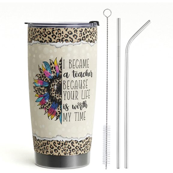 Teacher Appreciation Gifts Best Teacher Gifts for Women Thank You Gifts Back to School - Christmas Gifts for Teacher - Leopard Teacher Coffee Mug Stainless Steel Tumbler with Lid And Straws 20oz