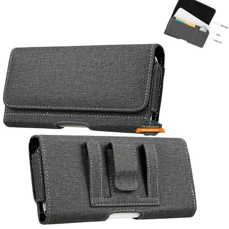 For TCL 30Z / Jet Universal Horizontal Cell Phone Fabric Pouch Holster Carry Case with Credit Card Slots & Belt Clip Loop (XL) - Black