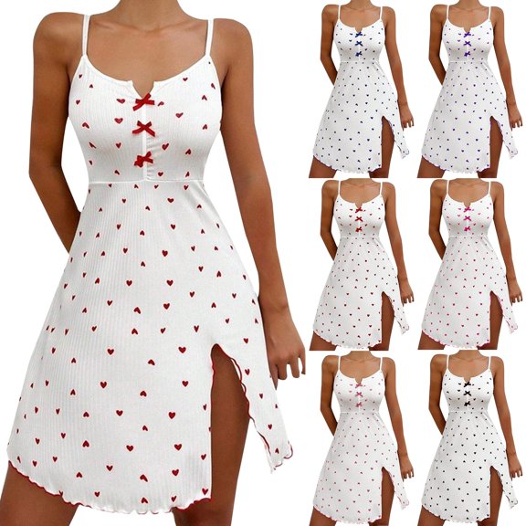 Endives Women's Nightgown Sleepshirt Heart Print Flared Slit Out Halter Sleepdress Comfortable Lounge Dress Night Wear Summer Nightgown