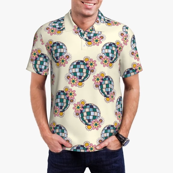 Kdxio 70s Disco Ball Print Men's Short Sleeve Polo Shirt,Midweight Men's Shirt