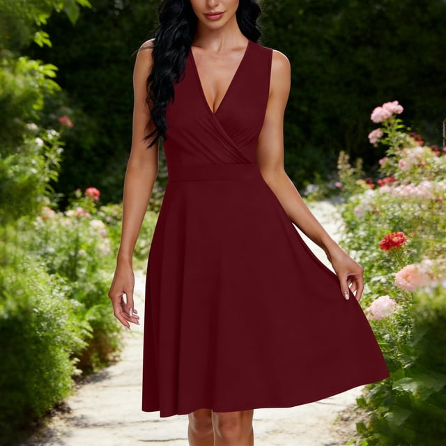 TaTaai Women's V-Neck Midi Nightgown Sleeveless Solid Color Fitted Casual Pocket Detail Knee Length Sleepwear Summer Dress Gift