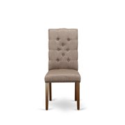 Elegant Mid-Century Dining Chairs | Button Tufted High Back | Asian Solid Wood | Brown Beige Linen Upholstery | Modern Design | Set of 2