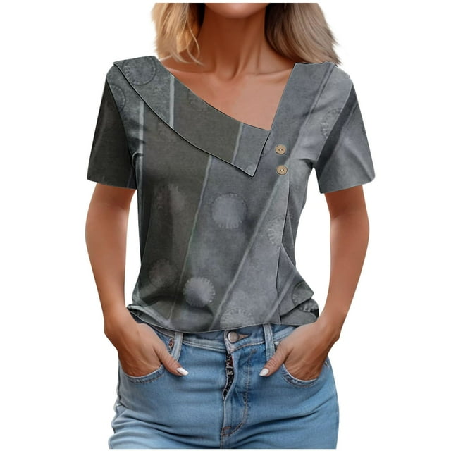 Womens V-Neck Fashion Casual Short-Sleeved Spring and Summer Top