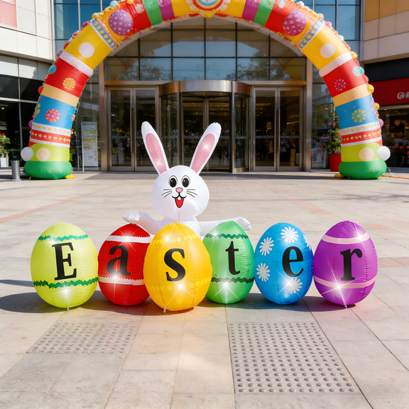 KITBONIS 8ft Inflatable Easter Decor Cute Bunny&Eggs Colorful Decoration Easter Bunny Eggs Shopping Mall Inflatable Decor