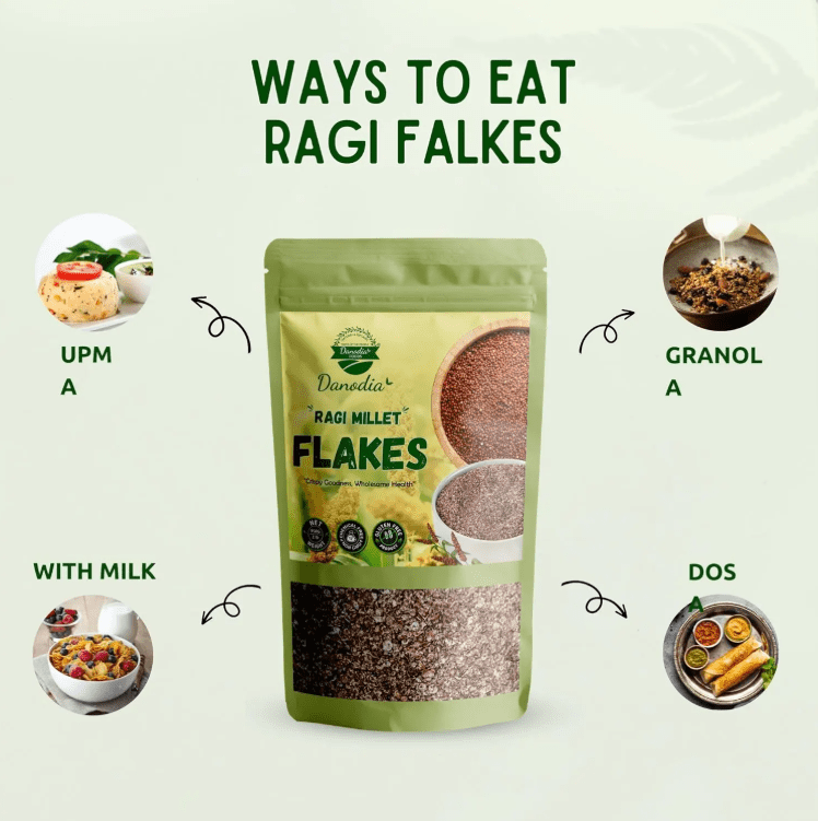Danodia Foods Organic Finger Millet Flakes (Ragi) (2lbs/950g)– Crunchy Gluten-Free Cereal, High-Fiber & Protein-Packed, Non-GMO, Vegan, Resealable Pouch