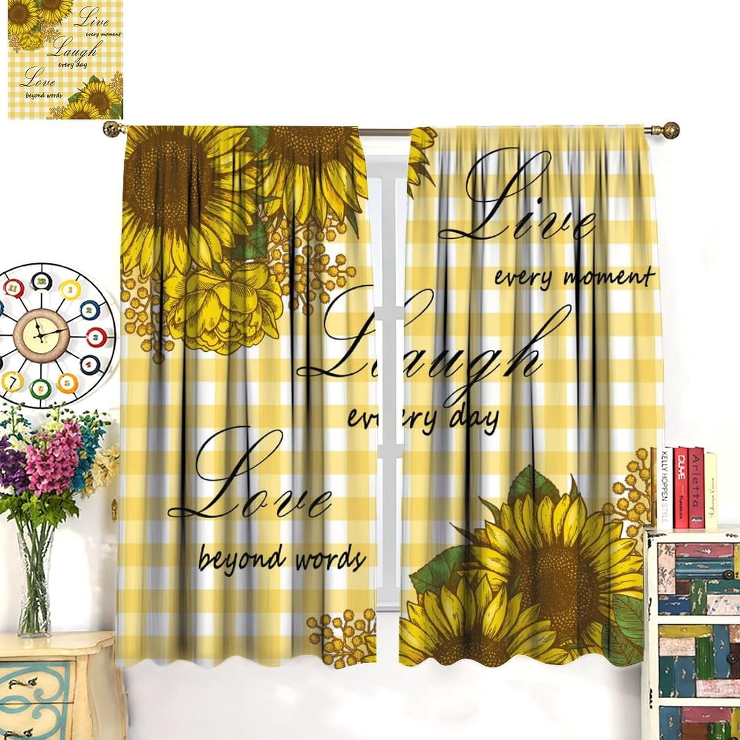 Sunflower Curtains Vintage Farmhouse Rustic Flowers Yellow White Buffalo Plaid Bedroom Living Room Bathroom Blackout Rod Pocket Decoration Window Drapes 2 Panels W26xL84in