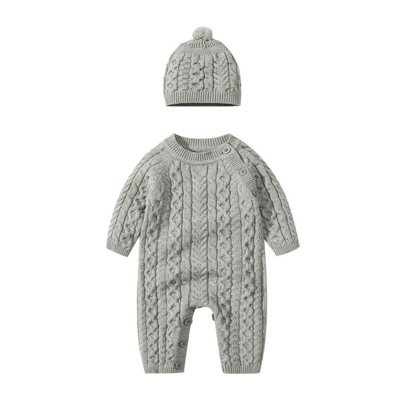 NOKIO Baby Knit Playsuit Toddler Knitted Jumpsuit Baby Knitted Bodysuit Toddler Baby Girls Boys Solid Spring Winter Long Sleeve Button Knit Sweater Romper Jumpsuit Hat Clothes