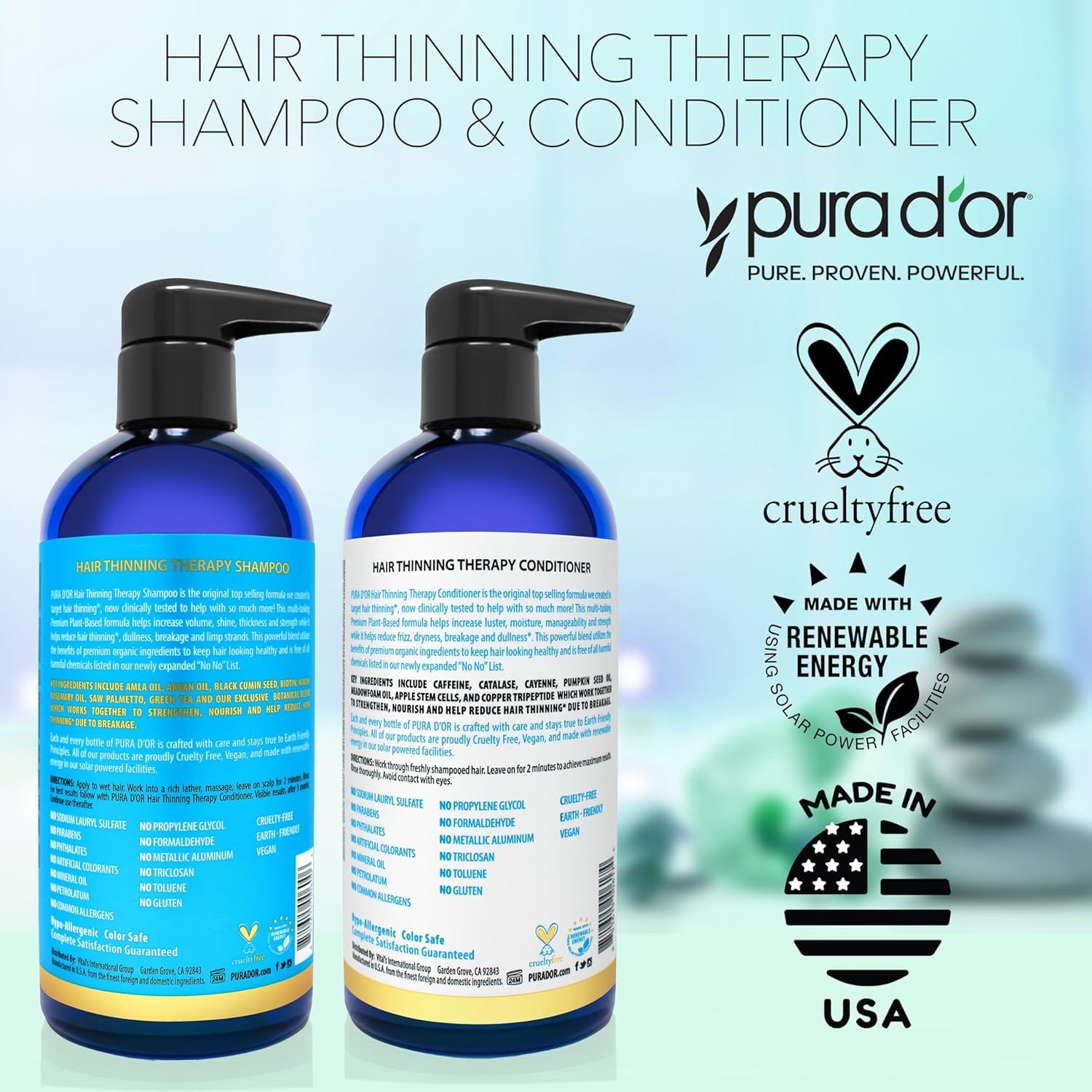 PURA D'OR Hair Thinning Therapy Biotin Shampoo & Conditioner Set (16 Fl Oz X 2)
