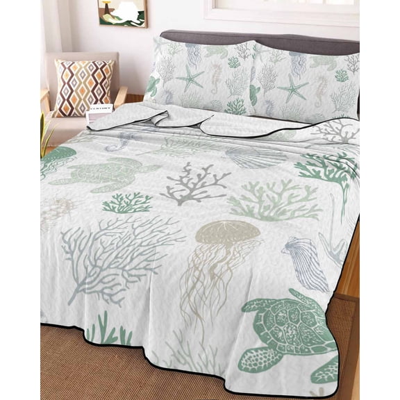 Green Coastal Queen Size Down Alternative Comforter, Lightweight Comforter Quilt Bedding Set with Pillow Shams Nautical Summer Beach Coral Sea Turtle All Seasons Bed Comforter Duvet Insert 90"x96"