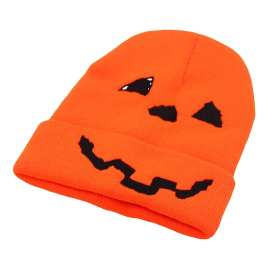 CUZIBR Women Halloween Knitted Beanie Cap Funny Pumpkin Funny Face Stretchy Warm Winter Hat For Adults Embroidery Halloween Winter Hat