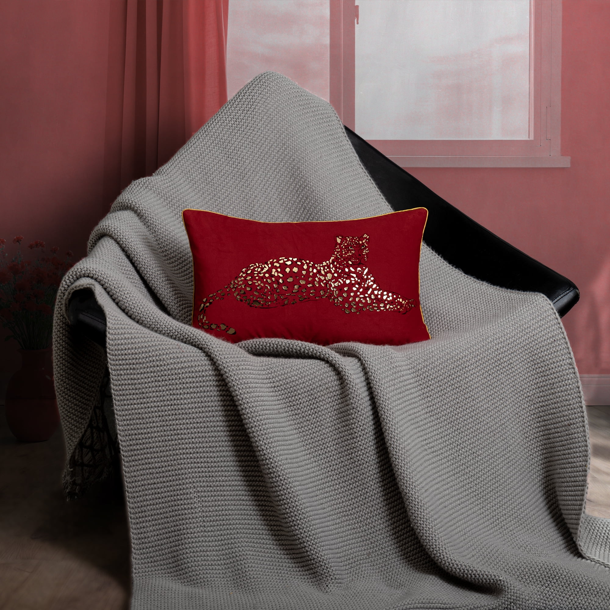 JWH Gold Foil Leopard Print Cotton Velvet Pillow Covers Red Lumbar Throw Pillow Cases for Sofa Bed Couch Car Decoration 12x20inch