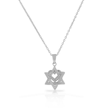 Love Star Of David Pendant - 925 Sterling Silver White Clear CZ Jewish Star of David Love Heart Pendant Necklace