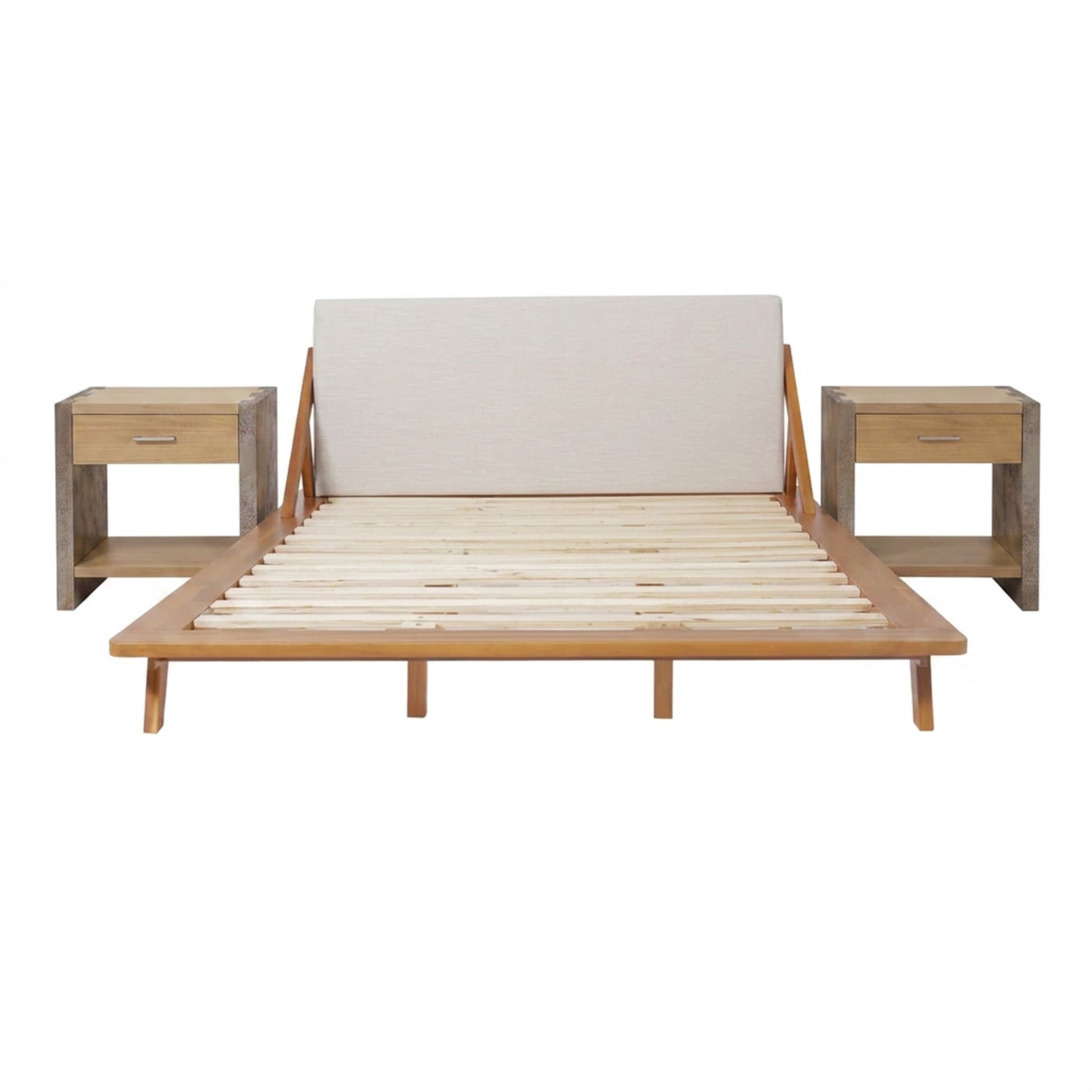 Christopher Knight Home King Upholstered Solid Wood Bed Frame with 2 Nightstands Set, Natural+Gray