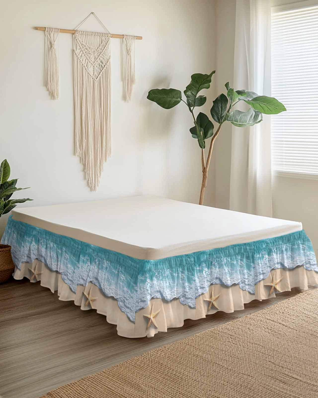 Teal Coastal Wrap Around Bed Skirts for King Bed 18" Drop,Bed Skirt with Adjustable Elastic Belt Dust Ruffle Bed Valance for Bedroom Hotel Summer Beach Starfish Nautical Seaside Bed Frame Cover