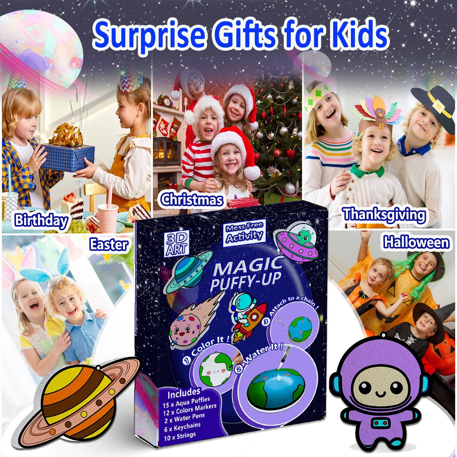 SkyMagic Aqua Puffs 3D Art Kit for Kids – Mess-Free Paint by Number SpaceCraft, DIY Color & Inflate Activity, Easter Basket Stuffers Creative Gift for Girls Boys Ages 4-10