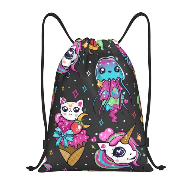 Saiise Cat Icecream Pattern Sports Drawstring Backpack - String Swim Gym Bag with Wet Proof Pocket for Women&Men-Small