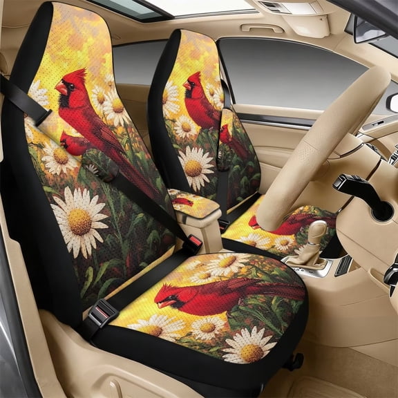 Xoenoiee Cardinal Daisy Print Car Accessories Set of 5, PU Leather Car Seats Cover Protector, Seatbelt Cover, Auto Armrest Cover Protector for Most Vehicle, SUV, Truck