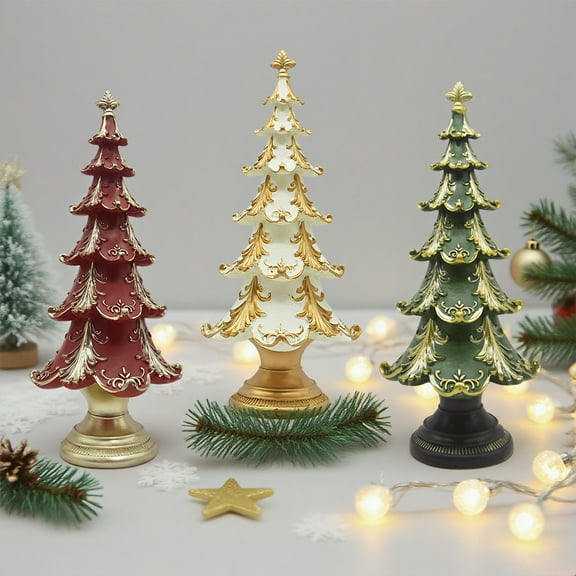 Christmas Tree Tabletop Decorations Gold Christmas Tree Figurines Elegant Small Resin Christmas Trees Decorative Xmas Trees for Indoor Mantle Home Decor