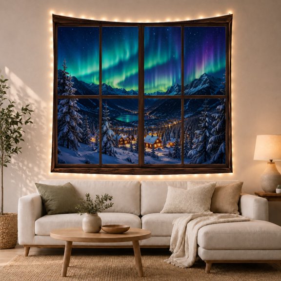 Aurora Borealis in Snowy Mountains with Cabins and Lake, Serene Digital Art for Nature Lovers, Wall Art Decor, Christmas Gift, Tapestry Wall Hanging for Bedroom and Living Room