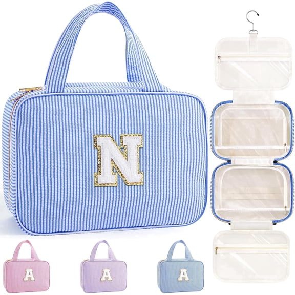 YOOLIFE Hanging Toiletry Bag for Women - Travel Toiletry Bag Makeup Bag, Portable Toiletries Cosmetic Bag, Airplane Travel Essentials - Letter n, Blue
