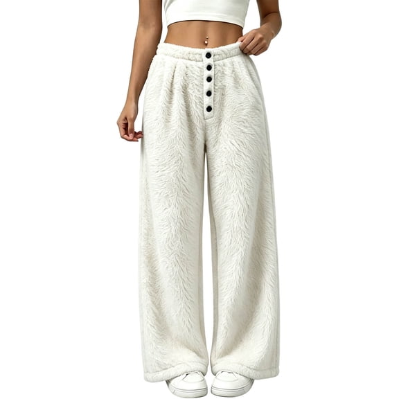 QIbmong Fleece Pajamas Pants for Women Wide Leg Button Elastic Waist Sleepwear Casual Winter Thermal Night Trousers(XL,White)