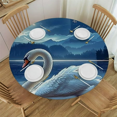 

Patifu Swan Moon Lake Round Tablecloth Stain-Resistant Washable Indoor Outdoor Restaurant Wedding Party Waterproof Fabric Home Decor 54 -58