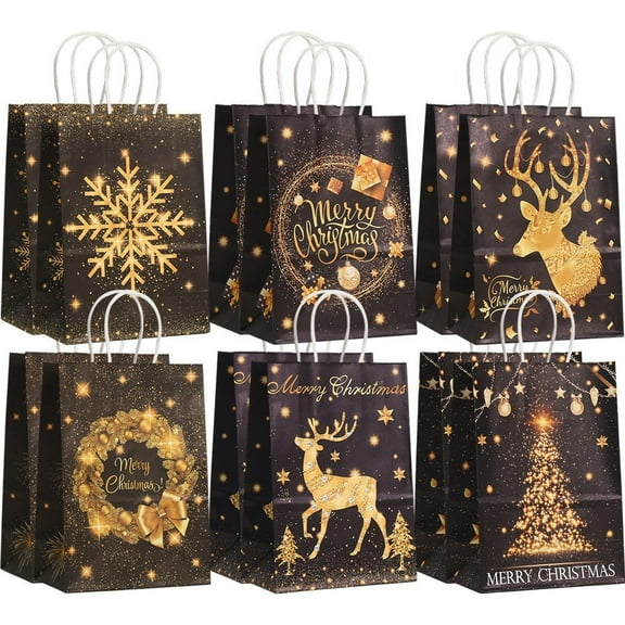 12 PCS Christmas Paper Gift Bags Black Gold Party Bags Xmas Candy BagsWith Handle Elk Snowflake Christmas Tree Treat Bags for Presents and Xmas Holiday Party