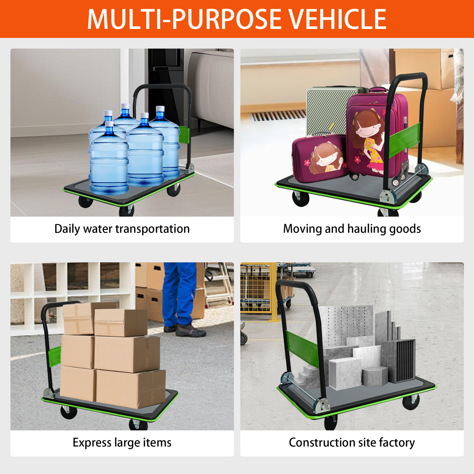 Foldable Flatbed Cart, 660LBS Heavy Duty Capacity Platform Hand Truck with 360 Degree Swivel Wheels, Foldable Push Hand Cart for Loading, Storage, Warehouse, Green
