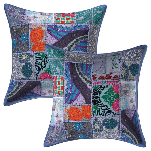 Stylo Culture Ethnic Cotton Decorative Throw Pillow Covers Grey 16x16 Bohemian Vintage Patchwork Ethnic Sofa Cushion Covers 40 x 40 cm Home Decor Floral Square Pillow Cases | Set Of 2