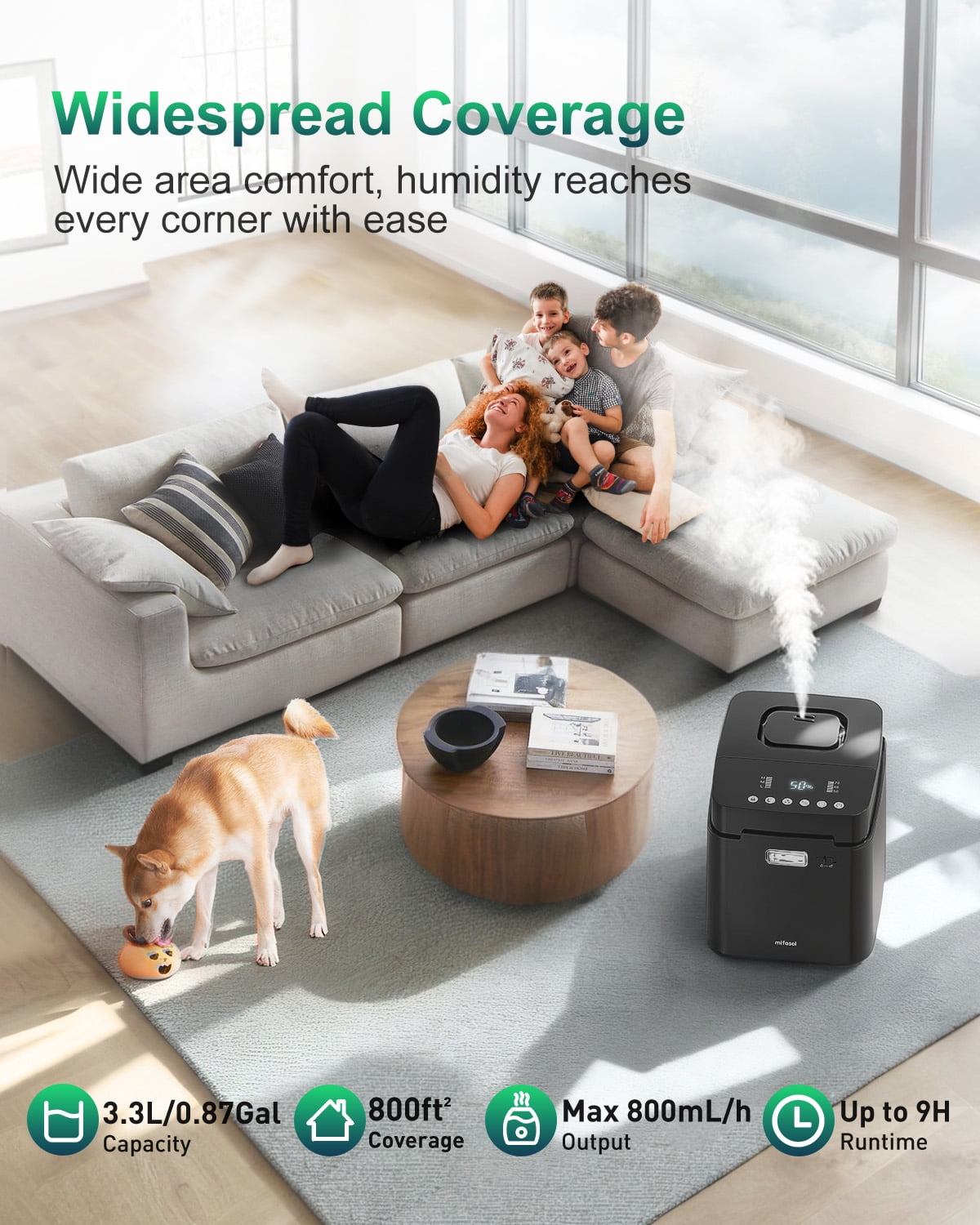 Stainless Steel Humidifier for room, 3.3L Warm Mist Humidifiers for Bedroom, Easy Clean Steam Humidifiers for Home, Dishwasher Safe Humidifier Large Room, Black