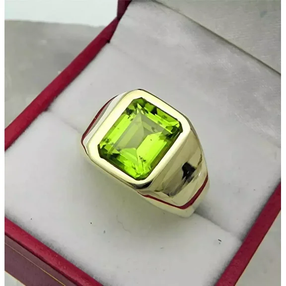 Men's 3 Ct Emerald Cut Green Peridot Simulated Ring 14K Gold Plated Silver